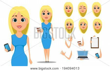Business woman cartoon character creation set. Young attractive businesswoman in fashionable blue dress. Build your personal design - stock vector