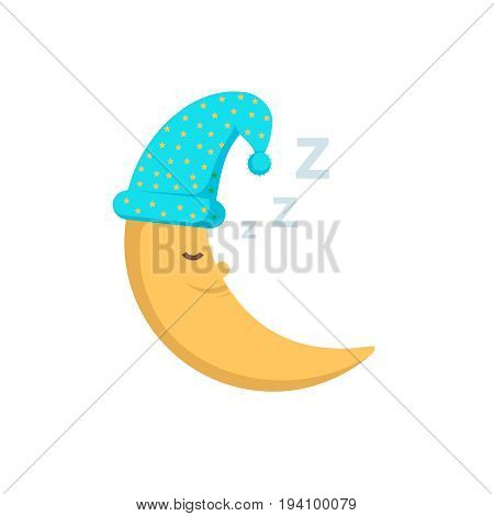 Sleeping moon in nightcap isolated on white background. Crescent in hat vector illustration