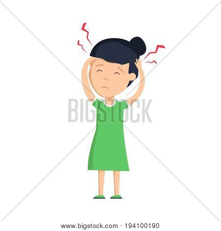 Girl headache. Unhappy frustrated girl having painful look grimacing suffering from migraine or headache feeling stressed.