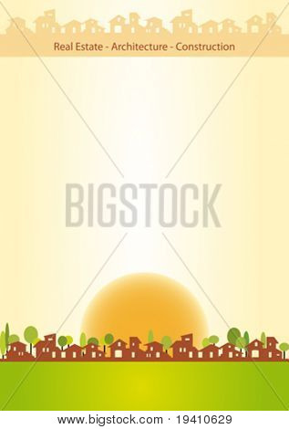 宣传册封面-房地产、 建筑、 建筑工程公司。温暖的色调，房子剪影