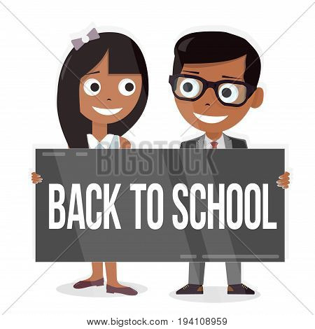 Back to school. Schoolboy and schoolgirl with a sign board. Funny characters.