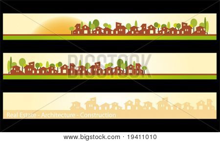 Web-Banner, Visitenkarte Immobilien, Architektur, Bau Unternehmen Häuser Silhouetten und
