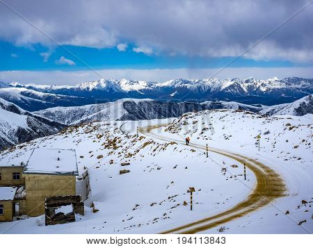 View of highway on the top of high mountain in Sichuan China
