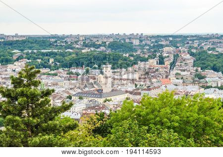 Lviv Ukraine - June 1 2013: Cityscape of downtown old town city from Lysa Hora - the Bald or Barren Mountain