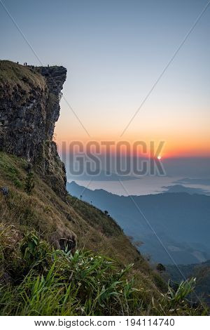 High cliff mountain landscape and mist on the hill of Phu Chi Fa (Phu Chee Fa) during sunrise natural landmark and famous attraction of Chiang Rai Thailand