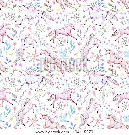 Beautiful seamless vector baby pattern with watercolor unicorn and flowers from fairy tale