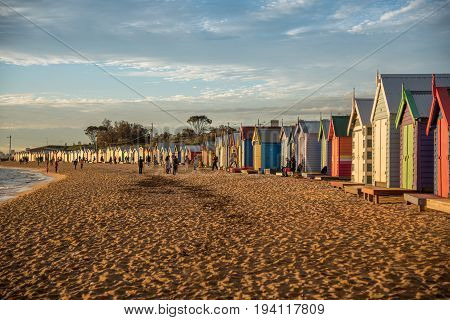 MELBOURNE AUSTRALIA - JULY 18 2016 : Tourists walk pass colorful bathing boxes at Brighton Beach near Melbourne Australia.
