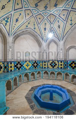 KASHAN IRAN - OCTOBER 20 2016 : Beautiful interior of Sultan Mir Ahmed Hammam (Bathhouse) famous place and tourist attraction Persian culture in Kashan Iran.