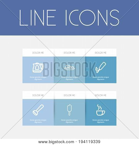 Set Of 6 Editable Cook Icons. Includes Symbols Such As Cream, Potato Peeler, Teapot Appliance And More. Can Be Used For Web, Mobile, UI And Infographic Design.