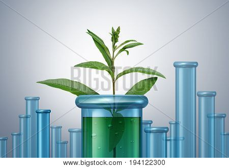 Herbal medicine and natural plant based medication concept as medicinal green leaves inside a laboratory test tube as a homeopathic pharmacy concept with 3D illustration elements.