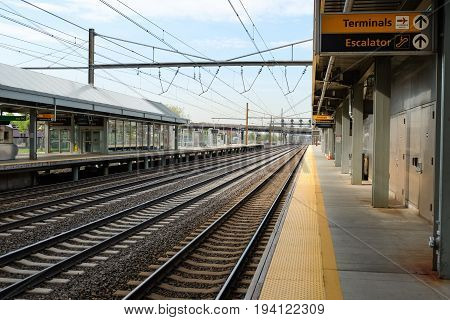 NEWARK, NEW JERSEY, USA - APRIL 25, 2016: At a platform of Newark Liberty International Airport train station