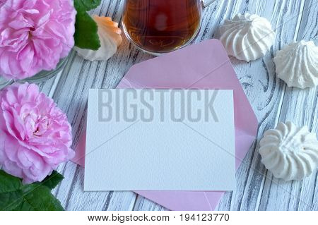 Peonies Flowers Pink Glass Of Tea With Greeting Card Marshmallow On A White Wooden Background - Stoc