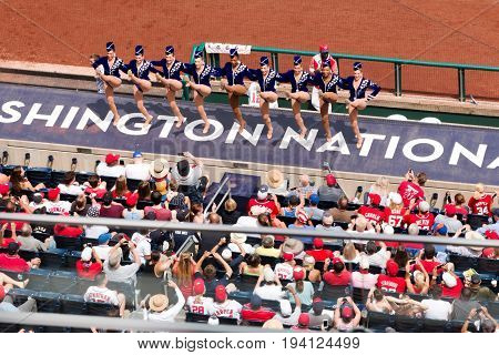 Washington DC USA - 4 July 2017 The Rockettes perform between innings for the fans at the New York Mets Versus The Washington Nationals baseball game on July 4 2017.