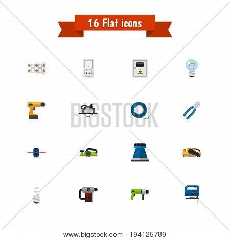 Set Of 16 Editable Instruments Icons. Includes Symbols Such As Buzzsaw, Borer, Bulb And More. Can Be Used For Web, Mobile, UI And Infographic Design.