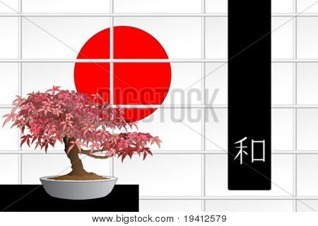 เมเปิ้ลญี่ปุ่นบอนไซหน้า windows อาทิตย์สีแดงและธงดำกับ ideogram สันติภาพ
