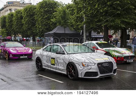 Riga, Latvia - July 01, 2017: Audi RS5 2013 from Gumball 3000 race Riga to Mykonos is on display. Riga host Gumball 3000 during the 2017 Rally being both the starting grid and flag drop destination.