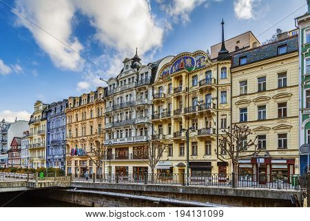 embankment of Tepla river in the center of Karlovy Vary Czech republic