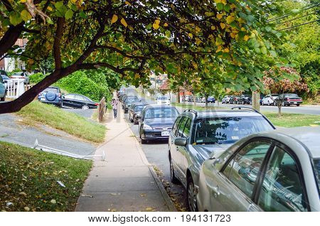 Charlottesville USA - October 3 2013: Jefferson Park Avenue with students walking from class on sidewalk and parked cars in autumn