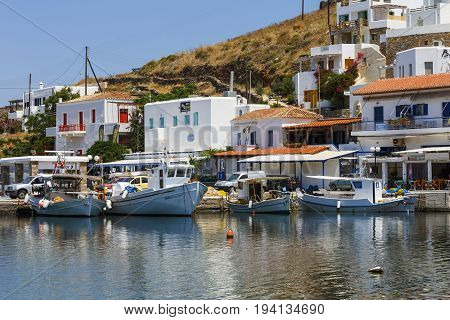 MERICHAS, GREECE - MAY 24, 2017: Merichas village, the main port of Kythnos island, Greece on May 24, 2017.
