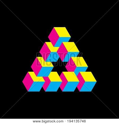 Impossible triangle in CMYK colors. Cubes arranged as geometric optical illusion. Reutersvard traingle. Vectori illustration.