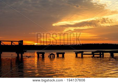 Sunset over the Necko lake, Masuria, Poland.