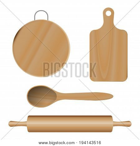 Set from wooden kitchen devices, cutting boards spoon plunger. Vector