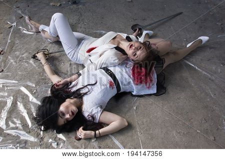 Crime Scene With Two Fashionable Women  In A Darkplace