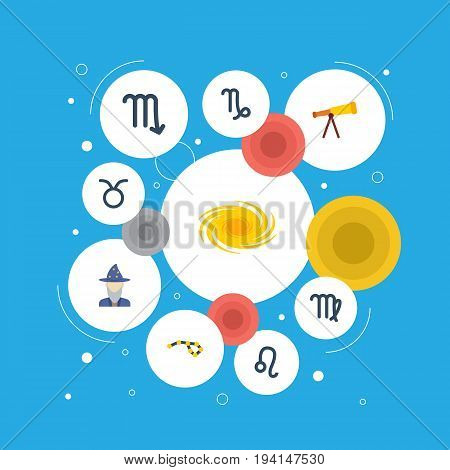 Flat Icons Augur, Space, Lion And Other Vector Elements. Set Of  Flat Icons Symbols Also Includes Taurus, Virgo, Human Objects.