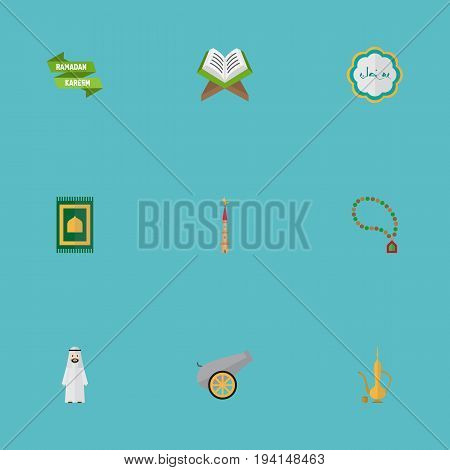Flat Icons Decorative, Arabian, Artillery And Other Vector Elements. Set Of Religion Flat Icons Symbols Also Includes Muslim, Mosque, Minaret Objects.
