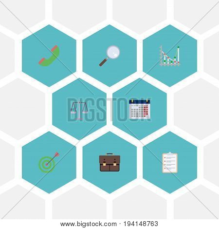 Flat Icons Calendar, Diagram, Telephone And Other Vector Elements. Set Of Job Flat Icons Symbols Also Includes Case, Loupe, Diagram Objects.
