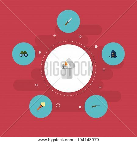 Flat Icons Lighter, Zoom, Cigarette And Other Vector Elements. Set Of Encampment Flat Icons Symbols Also Includes Ship, Lighter, Hunting Objects.