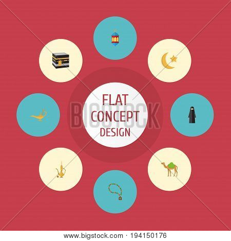 Flat Icons Mecca, New Lunar, Dromedary And Other Vector Elements. Set Of Religion Flat Icons Symbols Also Includes Muslim, Jug, Genie Objects.