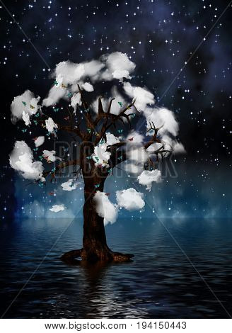 Tree surrounded by clouds  3D Rendering