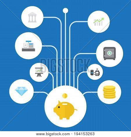 Flat Icons Remote Paying, Jewel Gem, Bar Diagram And Other Vector Elements. Set Of Banking Flat Icons Symbols Also Includes Bar, Diagram, Chart Objects.