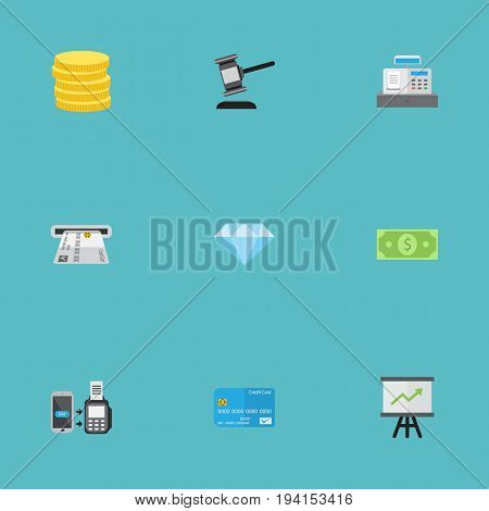 Flat Icons Teller Machine, Remote Paying, Till And Other Vector Elements. Set Of Banking Flat Icons Symbols Also Includes Chart, Gem, Jewel Objects.