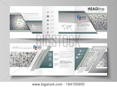 Set of business templates for tri fold square design brochures. Leaflet cover, abstract flat layout, easy editable vector. Pattern made from squares, gray background in geometrical style. Simple texture.