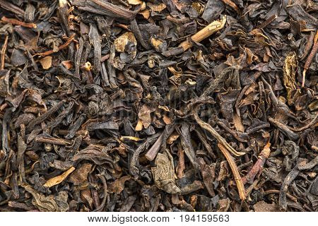 texture of Chinese bohea black tea, macro image of loose leaves
