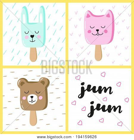 Set of cute animals ice cream Eskimo. Hand-written inscription yum-yum. Vector design for greeting cards.
