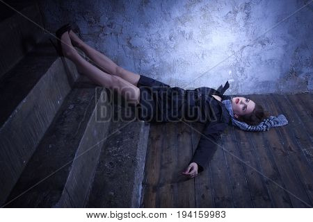 Crime Scene With Strangled Retro Styled Fashion Woman In A Darkplace