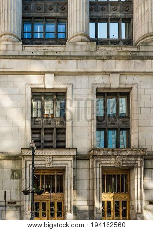 Chicago USA - May 30 2016: Closeup of Board of Trade Building along LaSalle street in Illinois