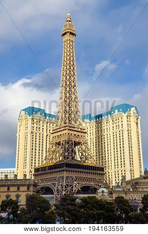 Las Vegas USA - May 7 2014: Paris hotel Eiffel towern during day in Nevada