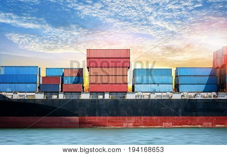 Logistics import export background of Container Cargo ship in seaport on sunset sky Freight Transportation