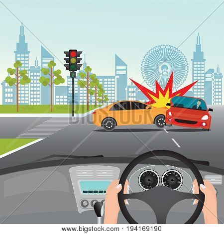Driving on the highway and unexpected event of car accidents on the road Failure to respect traffic rules conceptual Vector Illustration.