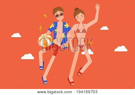 Romantic couple wearing swimsuit and sunglasses lying.