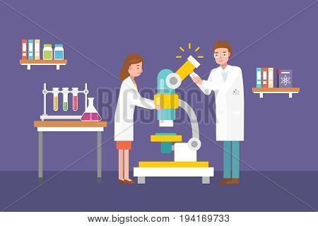 Two doctors are touching the microscope in the lab.