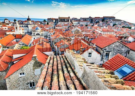 Dubrovnik Croatia. Sunset golden light over Old Town red roofs of medieval Ragusa