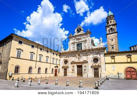 Parma Italy - Piazzale San Giovanni. San Giovanni Evangelista church with Baroque style facade.