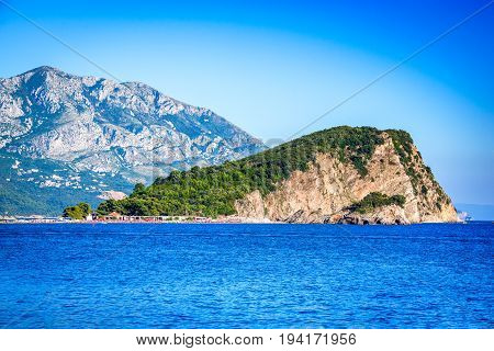 Budva Montenegro. Sveti Nikola Island and Adriatic Sea Crna Gora mountains.
