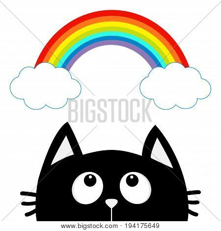 Black cat looking up to cloud and rainbow. Cute cartoon character. Valentines Day. Kawaii animal. Love Greeting card. Flat design. White background. Isolated. Vector illustration