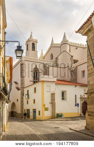 EVORA,PORTUGAL - MAY 16,2017 - Bones chapel in the streets of Evora city in Portugal. Evora is a pleasant medium-sized city and has numerous monuments.